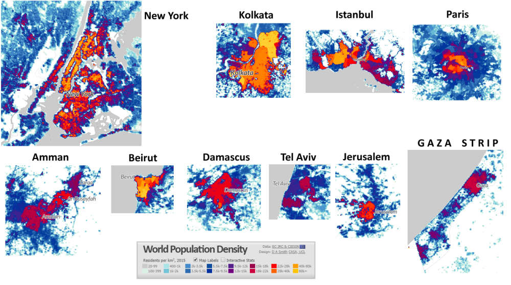 Population densities of major cities in the world and the Middle East. Maps courtesy of European Commission, Global Human settlement: World Population Density.