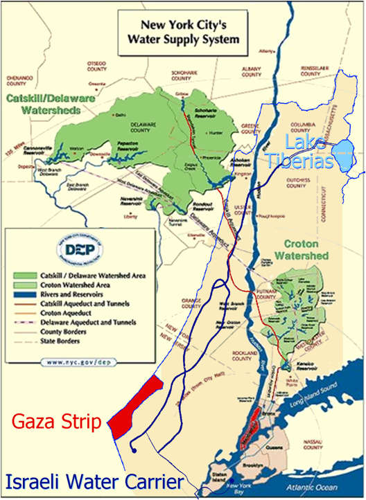 Gaza is Manhattan! How long would New York or Manhattan (roughly the size of Gaza) survive, when entirely cut off from the outside world – not least, its water supply from the Catskill watershed, some 200 km away! Map courtesy of Prince William Conservation Alliance.xii