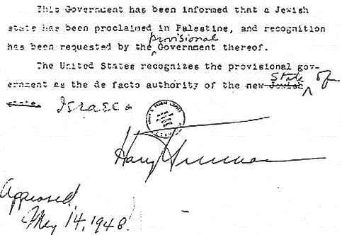 U.S. Letter of Recognition of the State of Israel, with the words “Jewish state” crossed out by President Truman.i