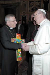 Pope Francis and the head of the Lutheran World Federtation, Bishop Munib Younan, Jerusalem, meeting in Lund, Sweden, for a joint commemoration of the Reformation. Photo courtesy of the Embassy of Palestine to the Holy See.