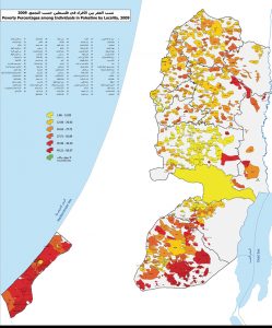 The percentage of individuals in poverty in localities of the West Bank and Gaza. Map courtesy of the Palestinian Central Bureau of Statistics, 2009.