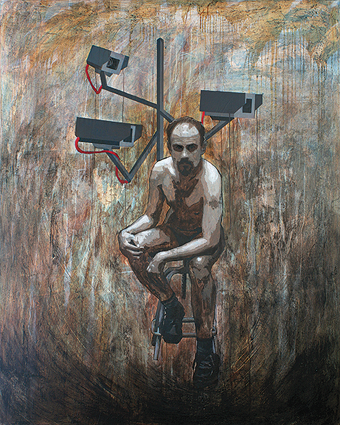 Hani Zurob, Big Brother Is Watching You, tar and pigments on canvas 200x160, 2014.
