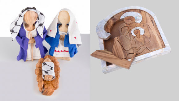 Holy Family Nativity Set and Holy Puzzle from the Bethlehem Treasures Cluster’s 2017 Collection. Olive wood and mother of pearl. Open source project by Design Hub Palestine UNIDO. Photo credit: UNIDO Palestine.